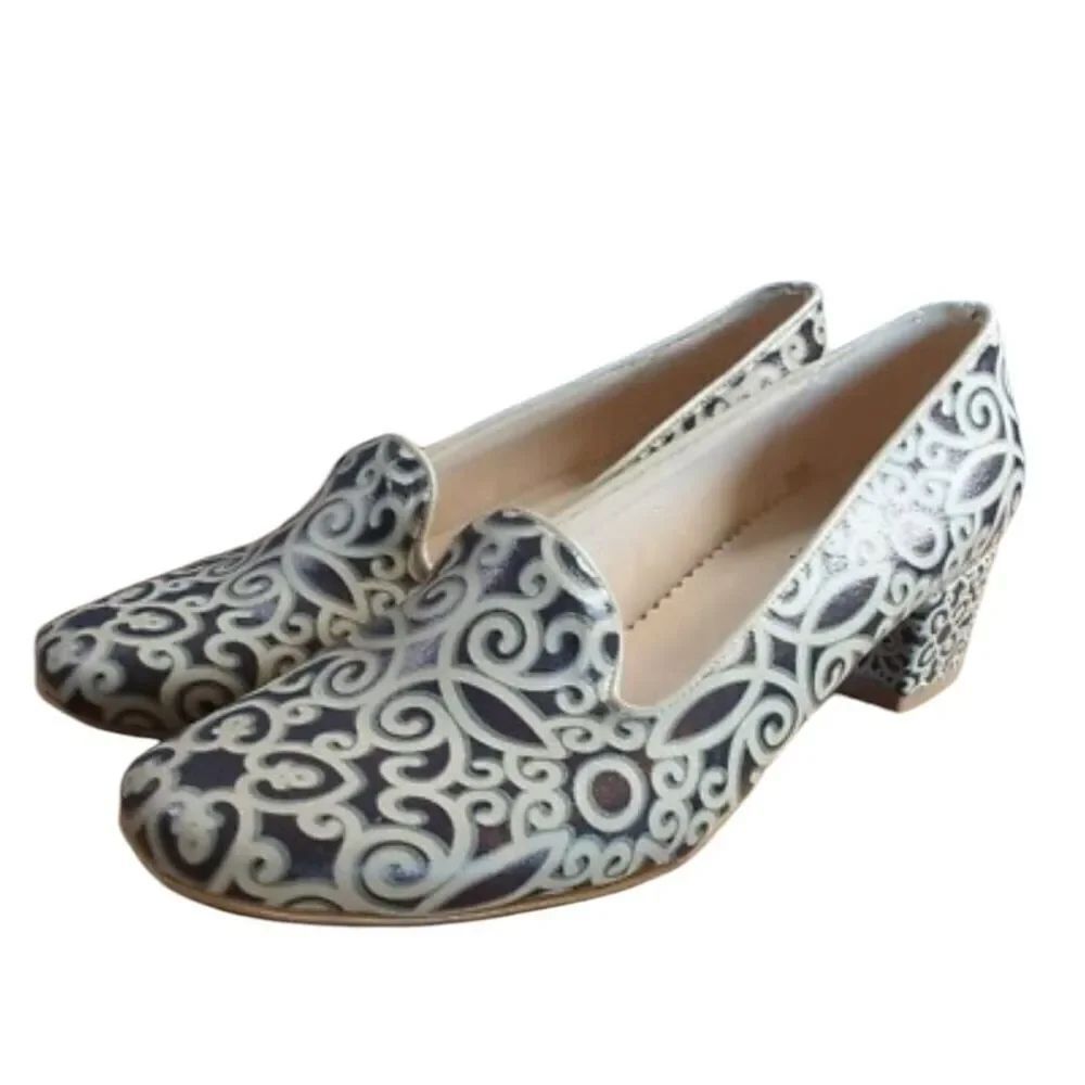 Goby Pattern Career Heel Shoes Black White Leather Size 7.5